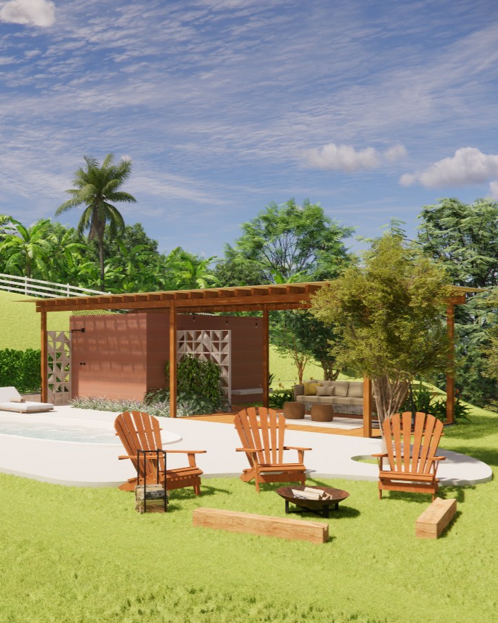 Área externa de um projeto da SALA: pergolado de madeira, espaço de convivência e paisagismo integrado ao jardim